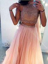 Two Piece Prom Dresses A Line High Neck Long Prom Dress Sexy Evening Dress JKL1124|Annapromdress