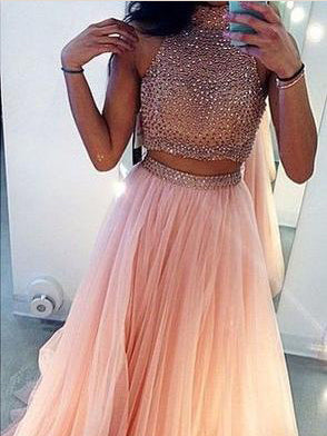 Two Piece Prom Dresses A Line High Neck Long Prom Dress Sexy Evening Dress JKL1124|Annapromdress