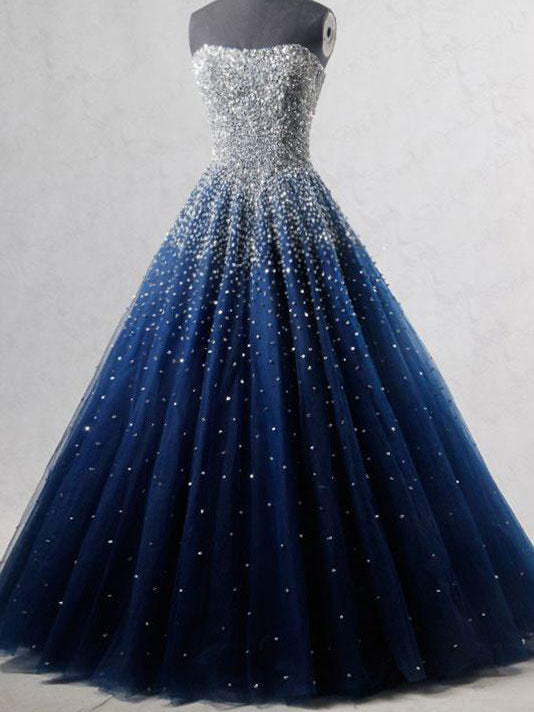 Sparkly Prom Dresses Strapless Dark Navy Sequins Long Beautiful Prom Dress JKL1127|Annapromdress