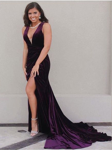 Sexy Prom Dresses Straps Ruffles Grape Velvet Sweep Train Long Slit Prom Dress JKL1134|Annapromdress