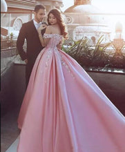 Ball Gown Prom Dresses Off-the-shoulder Sweep Train Satin Long Pink Prom Dress JKL1137|Annapromdress