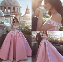 Ball Gown Prom Dresses Off-the-shoulder Sweep Train Satin Long Pink Prom Dress JKL1137|Annapromdress
