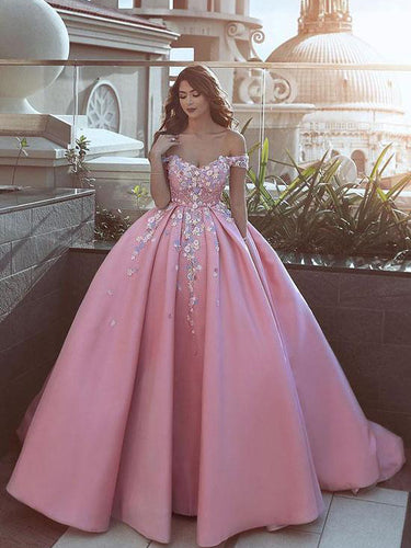 Ball Gown Prom Dresses Off-the-shoulder Sweep Train Satin Long Pink Prom Dress JKL1137|Annapromdress