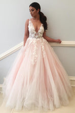 Charming Prom Dresses A-line Straps V-neck Lace Blush Pink Long Prom Dress JKL1138|Annapromdress