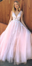 Charming Prom Dresses A-line Straps V-neck Lace Blush Pink Long Prom Dress JKL1138|Annapromdress