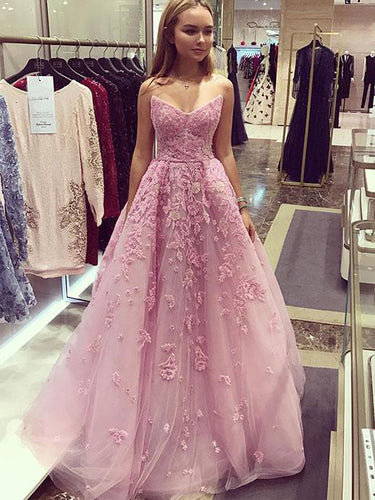 Beautiful Prom Dresses Aline Strapless Floor-length Pink Embroidery Long Prom Dress JKL1140|Annapromdress