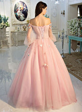 Long Sleeve Prom Dresses Pearl Pink Ball Gown Long Floral Fairy Prom Dress JKL1141|Annapromdress