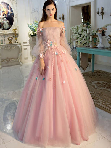 Long Sleeve Prom Dresses Pearl Pink Ball Gown Long Floral Fairy Prom Dress JKL1141|Annapromdress