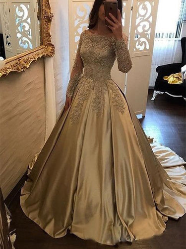 Long Sleeve Prom Dresses Sweep Train Sparkly Prom Dress Ball Gown Evening Dress JKL1142|Annapromdress