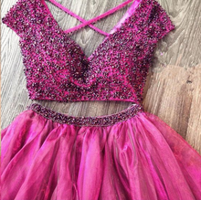 Two Piece Prom Dresses A Line V-neck Beading Fuchsia Long Sparkly Prom Dress JKL1148|Annapromdress