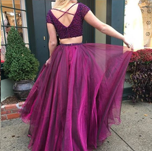 Two Piece Prom Dresses A Line V-neck Beading Fuchsia Long Sparkly Prom Dress JKL1148|Annapromdress