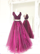 Two Piece Prom Dresses A Line V-neck Beading Fuchsia Long Sparkly Prom Dress JKL1148|Annapromdress