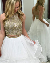 Two Piece Prom Dresses Scoop A-line White and Gold Long Organza Prom Dress JKL1152|Annapromdress
