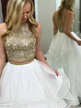 Two Piece Prom Dresses Scoop A-line White and Gold Long Organza Prom Dress JKL1152|Annapromdress