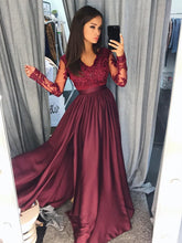 Long Sleeve Prom Dresses Floor-length V-neck Slit Prom Dress Burgundy Evening Dress JKL1153|Annapromdress