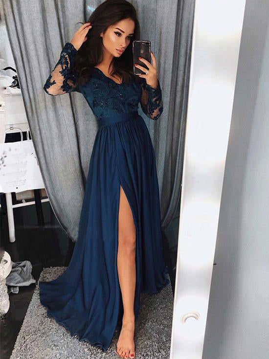 Long Sleeve Prom Dresses Floor-length V-neck Slit Prom Dress Burgundy Anna PromDress Long Sleeve Prom Dresses Floor-length V-neck Slit Prom Dress Burgundy Anna PromDress
