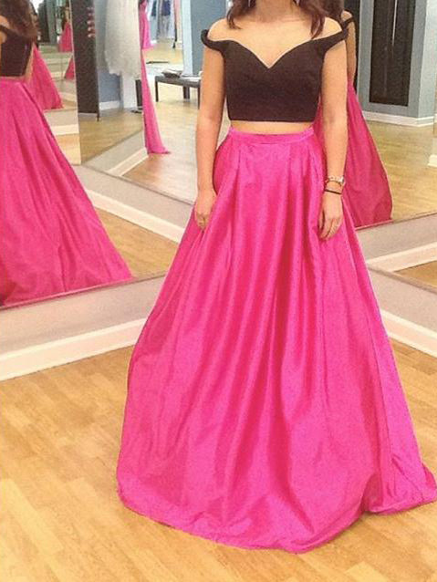 Two Piece Prom Dresses Off-the-shoulder Aline Long Simple Cheap Prom Dress JKL1154|Annapromdress