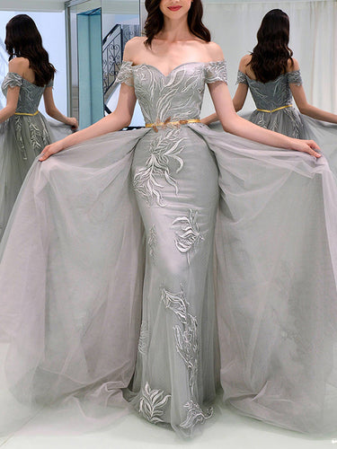 Beautiful Prom Dresses Sheath Off-the-shoulder Appliques Grey Long Prom Dress JKL1155|Annapromdress