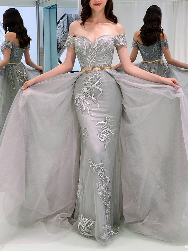 Beautiful Prom Dresses Sheath Off-the-shoulder Appliques Grey Long Prom Dress JKL1155|Annapromdress