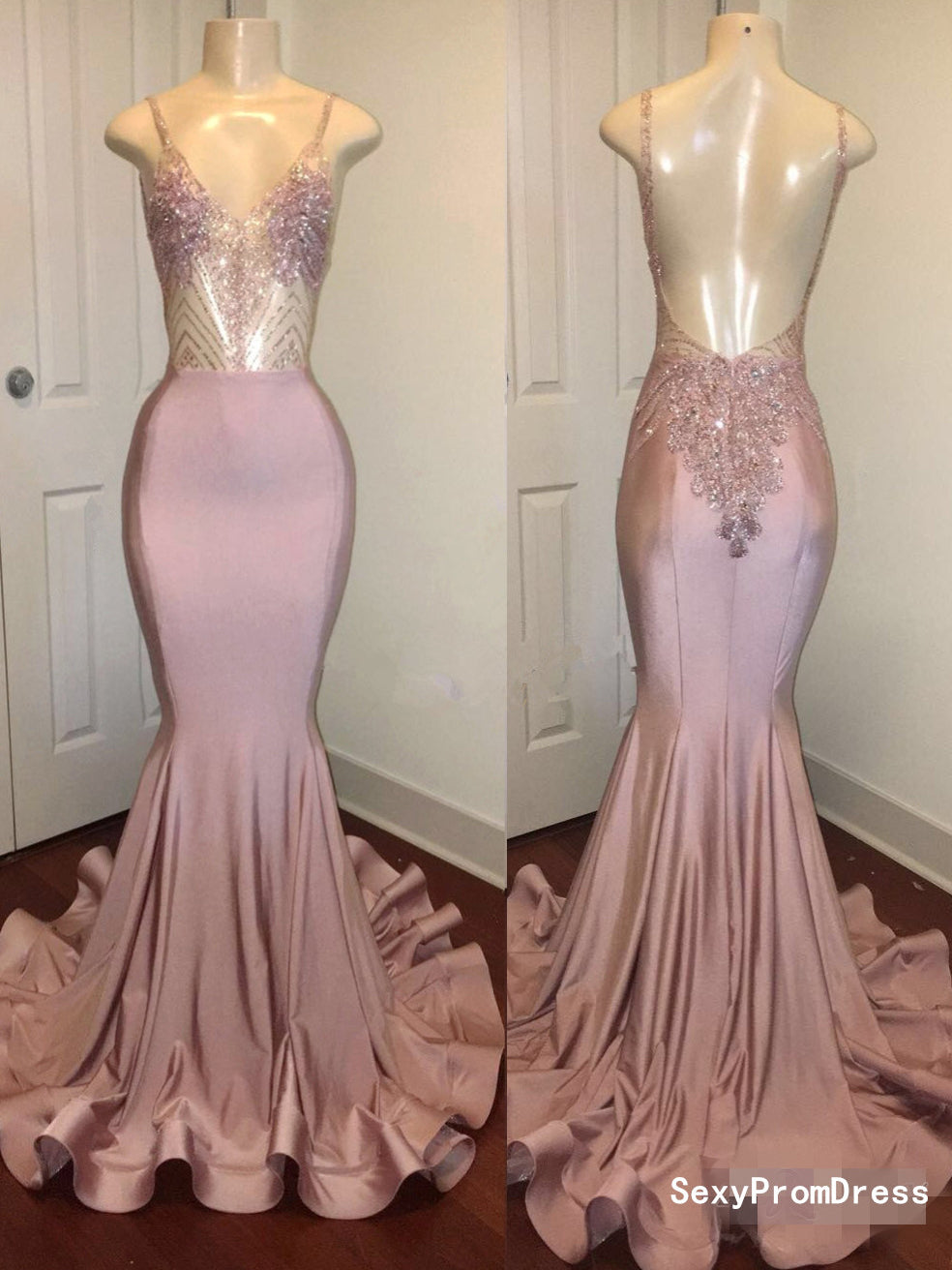 Open Back Prom Dresses Spaghetti Straps Long Prom Dress Mermaid Evening Dress JKL1157|Annapromdress