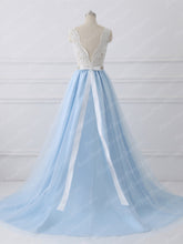 Lace Prom Dresses A-line Sweep Train Light Sky Blue V-neck Long Prom Dress JKL1158|Annapromdress