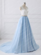 Lace Prom Dresses A-line Sweep Train Light Sky Blue V-neck Long Prom Dress JKL1158|Annapromdress