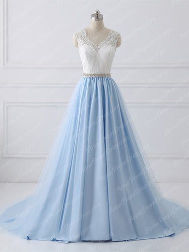 Lace Prom Dresses A-line Sweep Train Light Sky Blue V-neck Long Prom Dress JKL1158|Annapromdress