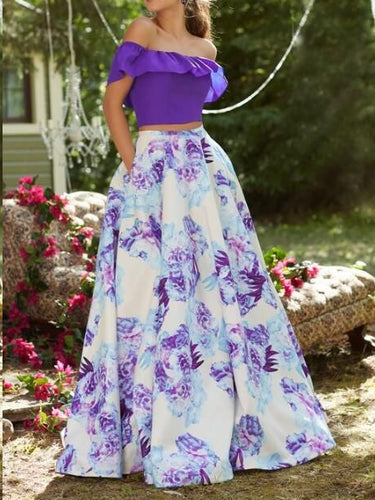 Two Piece Prom Dresses A-line Floor-length Off-the-shoulder Floral Print Prom Dress JKL1167|Annapromdress