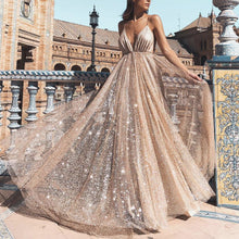 Open Back Prom Dresses A Line Spaghetti Straps Gold Sweep Train Sparkly Prom Dress JKL1180|Annapromdress