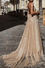 Open Back Prom Dresses A Line Spaghetti Straps Gold Sweep Train Sparkly Prom Dress JKL1180|Annapromdress