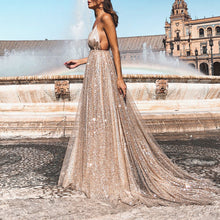 Open Back Prom Dresses A Line Spaghetti Straps Gold Sweep Train Sparkly Prom Dress JKL1180|Annapromdress