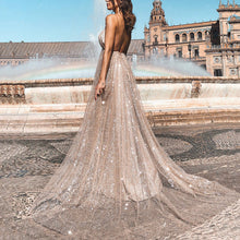 Open Back Prom Dresses A Line Spaghetti Straps Gold Sweep Train Sparkly Prom Dress JKL1180|Annapromdress
