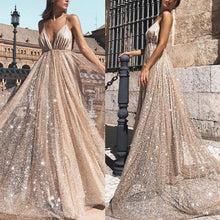 Open Back Prom Dresses A Line Spaghetti Straps Gold Sweep Train Sparkly Prom Dress JKL1180|Annapromdress