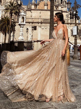 Open Back Prom Dresses A Line Spaghetti Straps Gold Sweep Train Sparkly Prom Dress JKL1180|Annapromdress