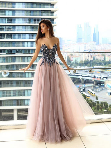 Sparkly Prom Dresses A-line Floor-length Beading Long Sexy Blush Pink Prom Dress JKL1181|Annapromdress