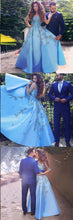 Chic Prom Dresses A-line V-neck Half Sleeve Appliques Blue Long Prom Dress JKL1183|Annapromdress