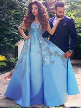 Chic Prom Dresses A-line V-neck Half Sleeve Appliques Blue Long Prom Dress JKL1183|Annapromdress