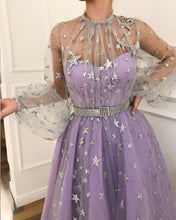 Long Sleeve Prom Dresses High Neck A-line Sparkly Star Lace Lilac Long Prom Dress JKL1184|Annapromdress