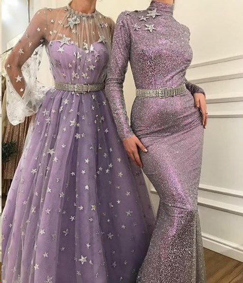 Long Sleeve Prom Dresses High Neck A-line Sparkly Star Lace Lilac Long Anna PromDress Long Sleeve Prom Dresses High Neck A-line Sparkly Star Lace Lilac Long Anna PromDress