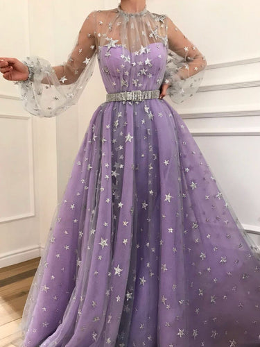 Long Sleeve Prom Dresses High Neck A-line Sparkly Star Lace Lilac Long Prom Dress JKL1184|Annapromdress