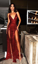 Sparkly Prom Dresses Burgundy V-neck Long Prom Dress with Slit Sexy Evening Dress JKL1185|Annapromdress