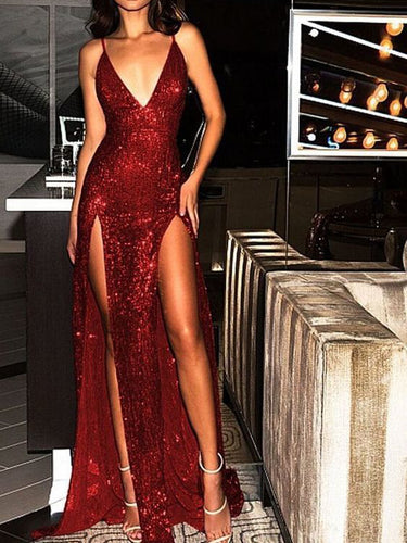 Sparkly Prom Dresses Burgundy V-neck Long Prom Dress with Slit Sexy Evening Dress JKL1185|Annapromdress
