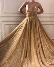 Sparkly Prom Dresses Spaghetti Straps A-line Gold Bling Long Sexy Prom Dress JKL1189|Annapromdress