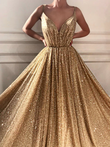 Sparkly Prom Dresses Spaghetti Straps A-line Gold Bling Long Sexy Prom Dress JKL1189|Annapromdress