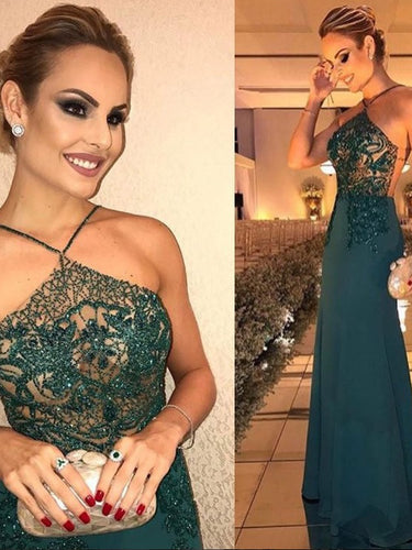 Halter Prom Dresses Sheath Column Dark Green Sparkly Prom Dress Long Evening Dress JKL1191|Annapromdress