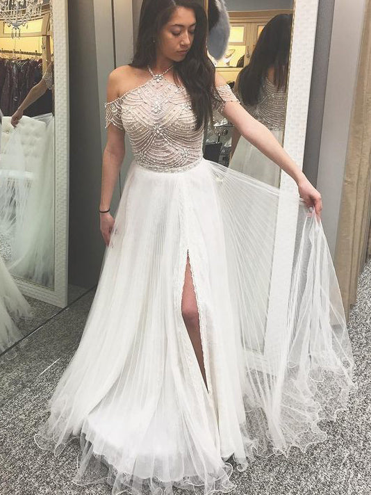 Sparkly Prom Dresses Halter A-line Beading Lace Ivory Long Sexy Slit Prom Dress JKL1193|Annapromdress