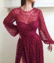 Long Sleeve Prom Dresses A-line Long Burgundy Lace Beading Sparkly Slit Prom Dress JKL1195|Annapromdress