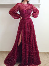 Long Sleeve Prom Dresses A-line Long Burgundy Lace Beading Sparkly Slit Prom Dress JKL1195|Annapromdress