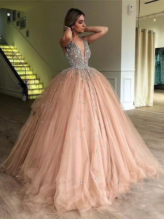 Ball Gown Prom Dresses Straps V-neck Floor-length Sparkly Long Prom Dress JKL1196|Annapromdress