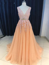 Beautiful Prom Dresses V-neck Gold Sash A-line Sweep Train Long Sexy Prom Dress JKL1197|Annapromdress